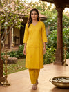 Yellow Cotton Chikankari Embroidered Straight Cut Kurti Set