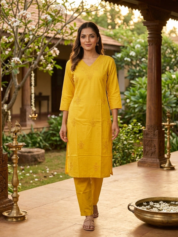 Yellow cotton chikankari embroidered straight cut kurti set with matching pants