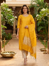 Mustard Yellow Woven Silk Straight Cut Kurti Set