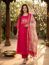 Rani Pink Flamingo Embroidered Chanderi Silk Anarkali Kurti Set