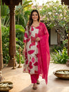 Grey Floral Cotton with Pink Dupatta A-Line Anarkali Kurti Set