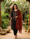 Black Cotton Ajrakh Mirror Work Straight Cut Kurti Set