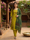 Mustard Green Cotton Mirror Work Straight Cut Kurti Set
