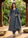 Indigo Blue Ajrakh Print Cotton Embroidered Anarkali Kurti Set
