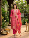 Rani Pink Banarasi Silk Zari Woven Straight Cut Kurti Set