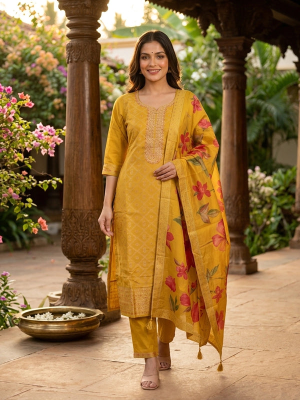 Mustard yellow zari woven silk embroidered straight cut kurti set with floral printed dupatta
