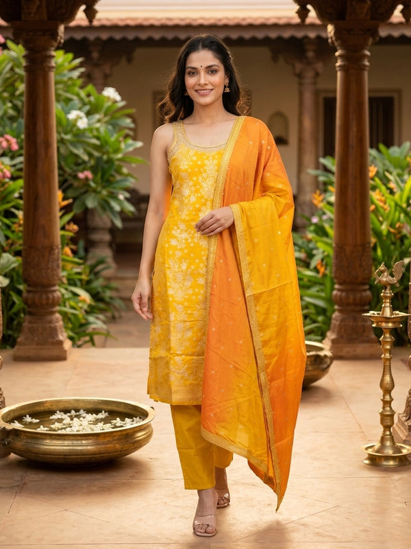 Mustard Yellow zari floral woven silk straight cut kurti set with orange dupatta
