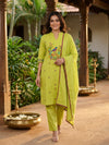 Lime Green Cotton Bird Embroidered Straight Cut Kurti Set