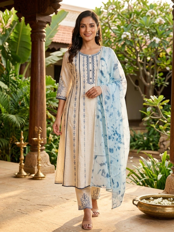 Off-White blue floral embroidered cotton anarkali kurti set with tie-dye dupatta