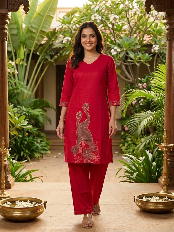 Red cotton co-ord kurti set with crane and floral placement print and matching straight pants