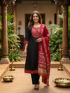 Black with Red Batik Cotton A-Line Anarkali Kurti Set