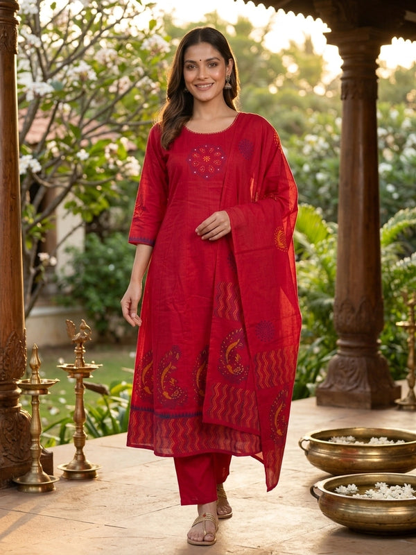 Red cotton mirror work embroidered Anarkali kurti set with printed dupatta and straight pants