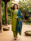 Olive Green Cotton Mirror Work Applique Straight Cut Kurti Set