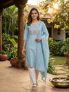 Sky Blue Floral Embroidered Cotton Silk Straight Cut Top