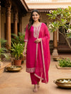 Rani Pink Zari Embroidered Chiffon Straight Cut Kurti Set