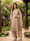 Beige Chanderi Silk Zari Embroidered Straight Cut Kurti Set