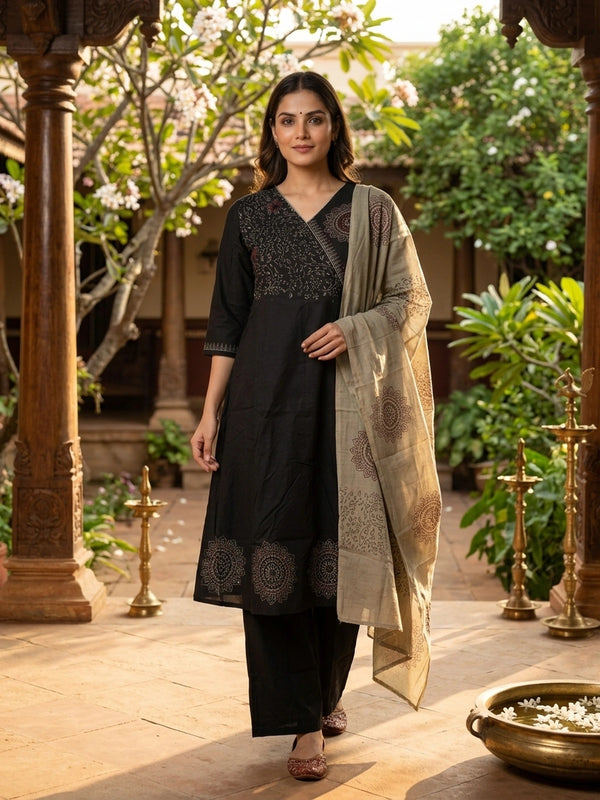 Black cotton block print mandala Anarkali kurti set with sage green dupatta