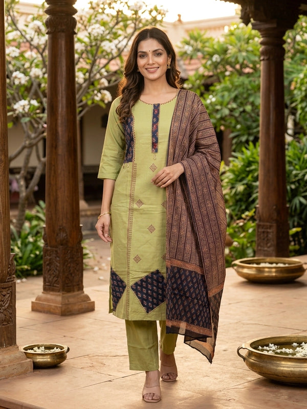 Mehendi green cotton straight cut kurti set with navy Ajrakh patchwork, kantha embroidery and printed dupatta