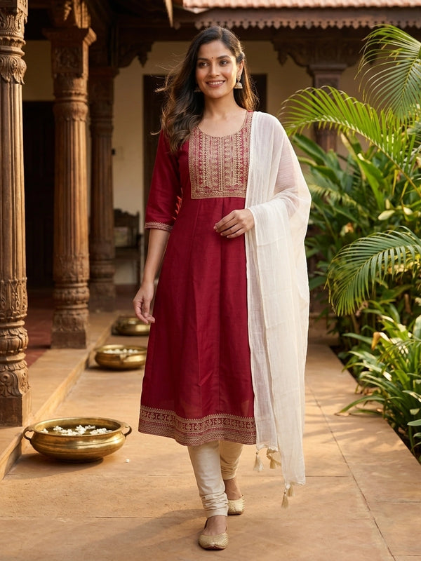 Maroon Zari embroidered Anarkali kurti top with gold neckline and hem border