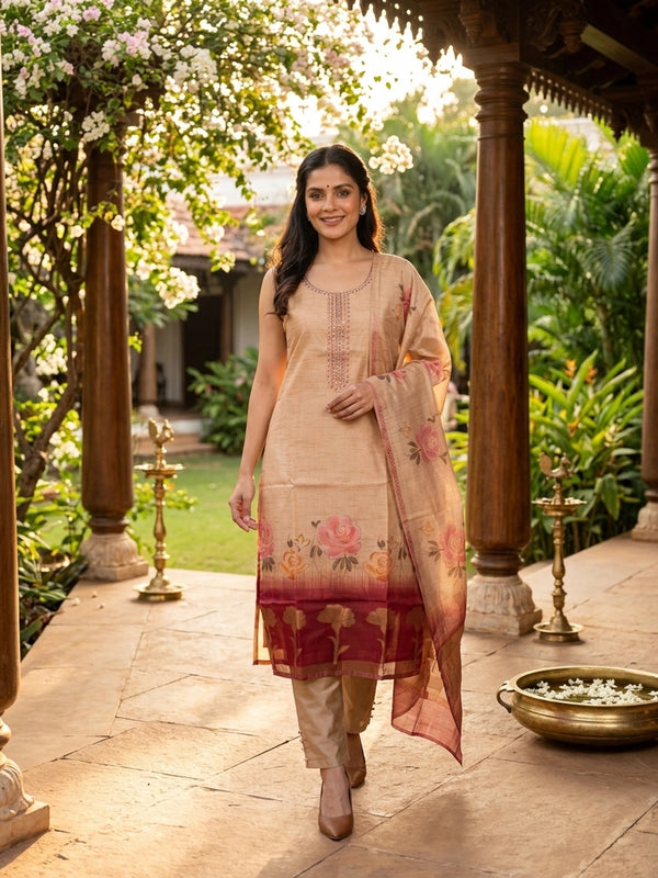 Beige floral tussar silk mirror work straight cut kurti set with printed dupatta