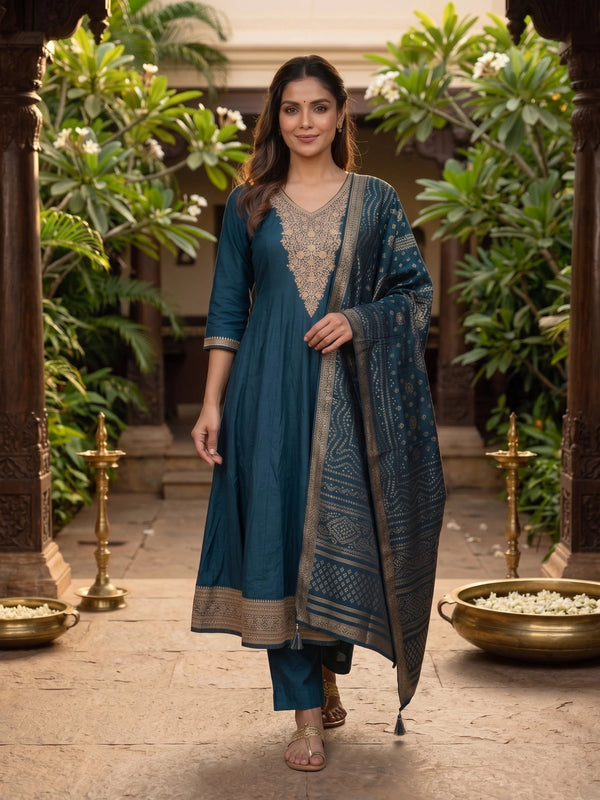 Teal Blue Art Silk Zari Embroidered Anarkali Kurti Set with Bandhani Dupatta