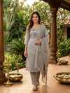 Grey Floral Beadwork Kota Straight Cut Kurti Set