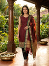 Maroon Cotton Silk Zari Elephant Border Straight Cut Kurti Set