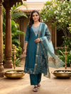 Teal Cotton Silk Paisley Embroidered A-Line Anarkali Kurti Set