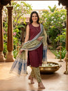 Maroon Cotton Kalamkari Dupatta Straight Cut Kurti Set
