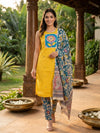 Mustard Yellow Cotton Kalamkari Print Straight Cut Kurti Set