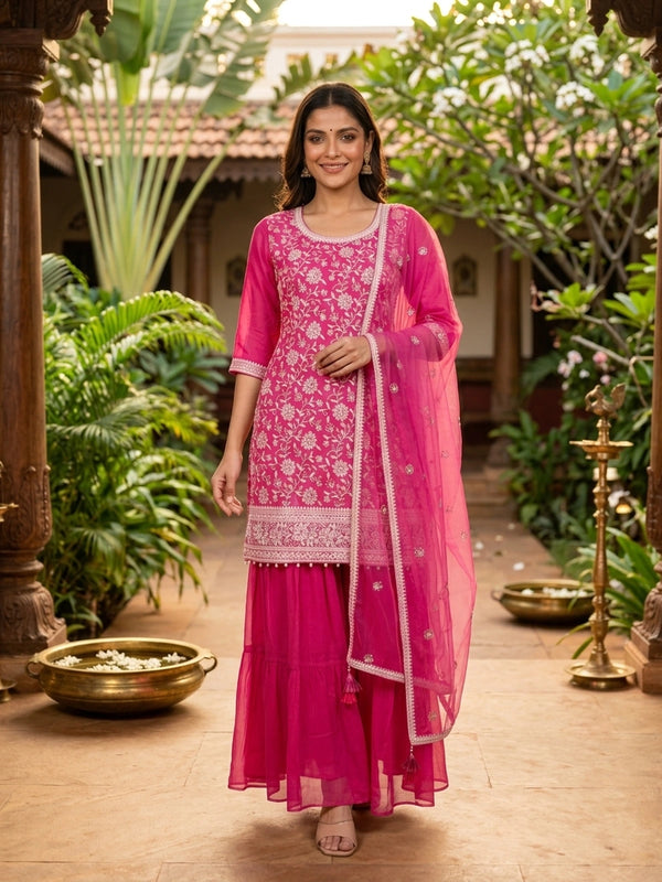 Pink floral embroidered georgette straight cut kurti set with sharara and net dupatta