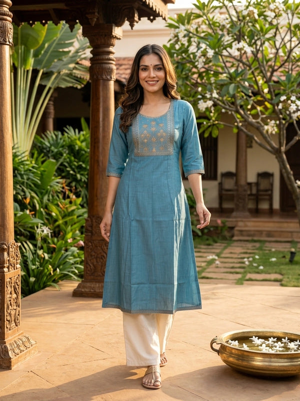 Teal Blue zari embroidered Anarkali kurti top with gold floral yoke work