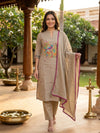 Beige Bird Embroidered Cotton Straight Cut Kurti Set