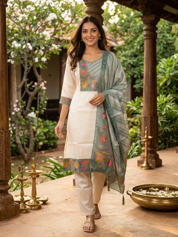 Off-White silk blend straight cut kurti set with sage green floral hand-painted embroidered yoke and matching dupatta