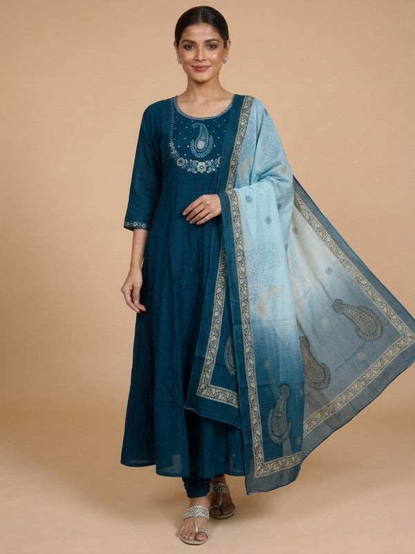 Teal blue cotton embroidered A-line kurti set with light blue printed dupatta