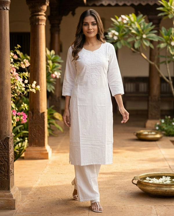 White Chikankari Cotton Embroidered Straight Cut Kurti Set