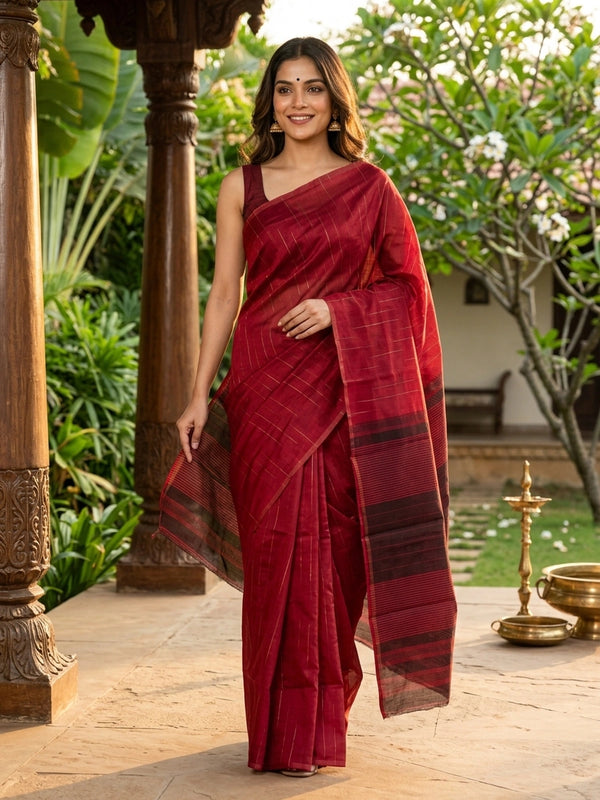 Red silk cotton saree with fine zari stripes and a striped maroon pallu