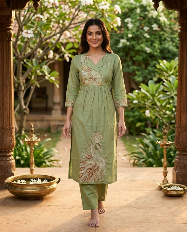 Sage Green Cotton Kantha Peacock Embroidered Co-ord Set Kurti Set