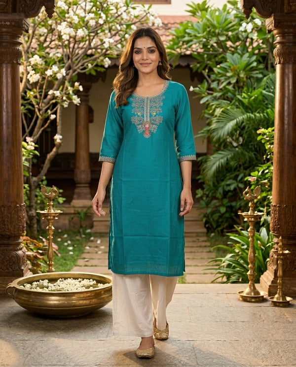 Teal Embroidered Cotton Blend Straight Cut Top