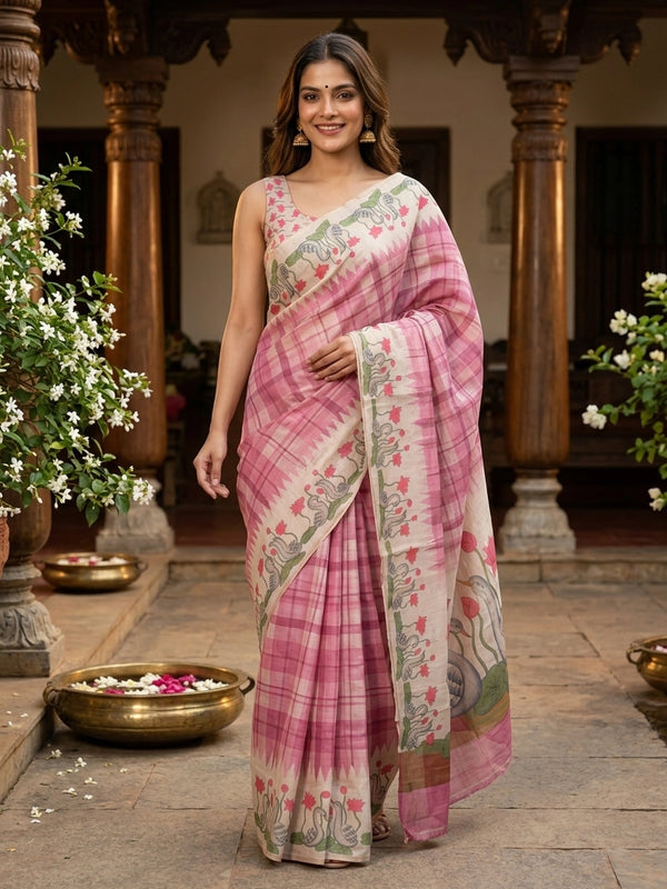 Pink and cream linen cotton saree with checked body and swan and lotus Pichwai printed pallu