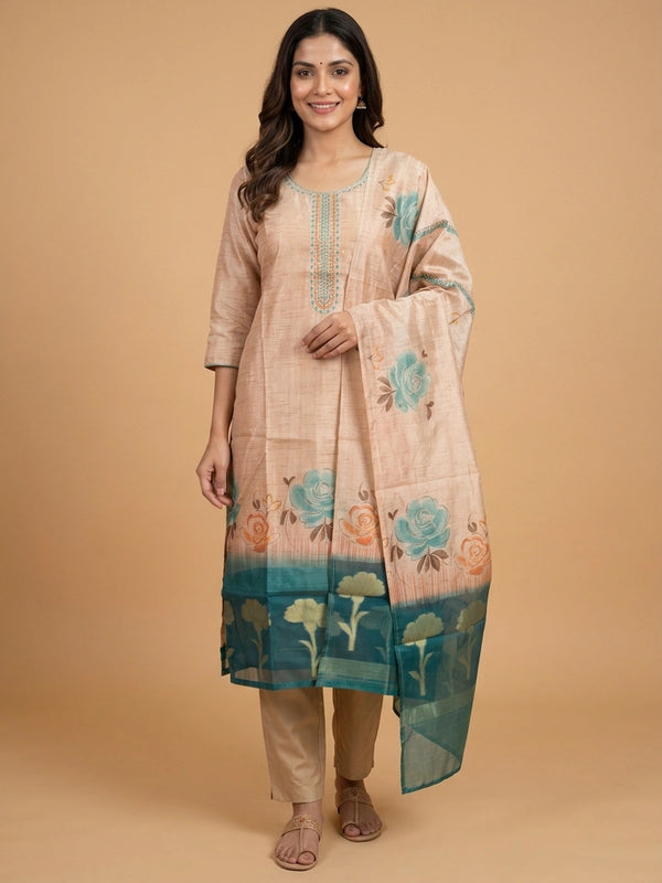 Beige floral raw silk straight cut kurti set with mirror work neckline, teal border and matching dupatta