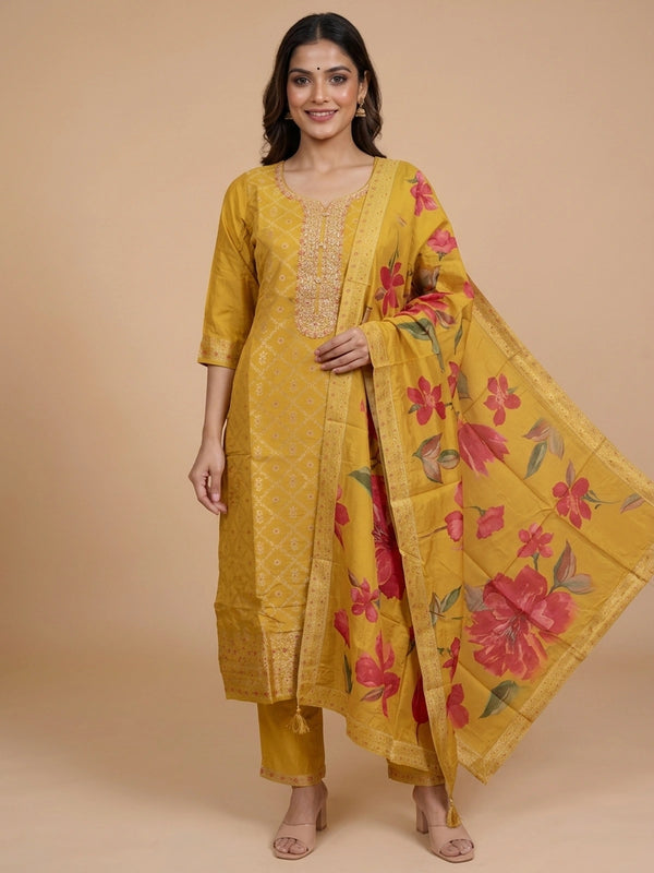 Mustard yellow zari woven silk embroidered straight cut kurti set with floral printed dupatta