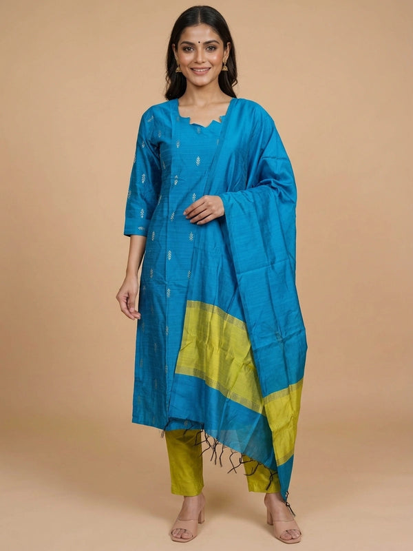 Teal Blue Art Silk zari buti straight cut kurti set with lime green pants and contrast bordered dupatta