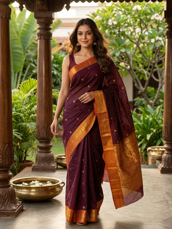 Maroon Chettinad cotton saree with contrast orange gold zari peacock border and zari buttas