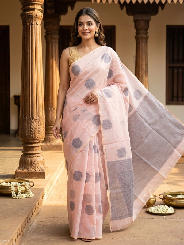 Light pink silk cotton saree with grey floral butta motifs and contrast grey woven pallu and border