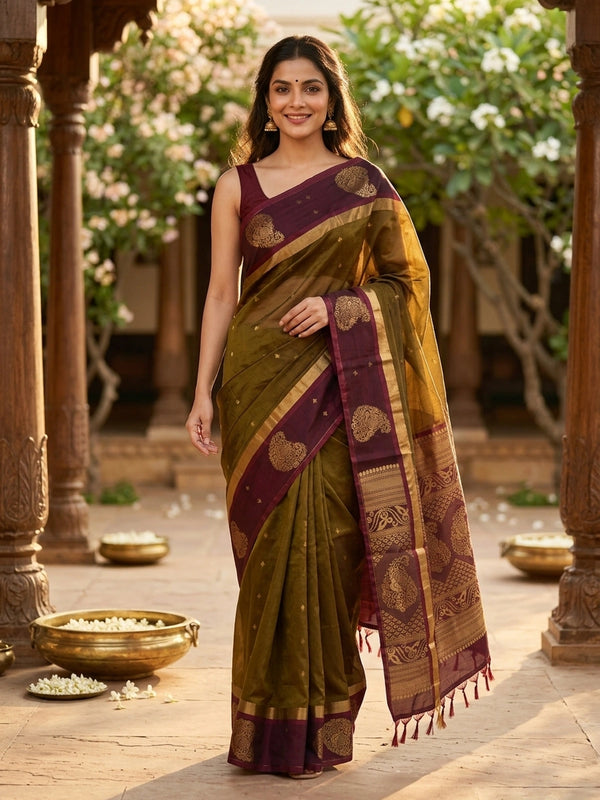 Mehendi-green silk cotton saree with maroon contrast border and gold zari peacock pallu