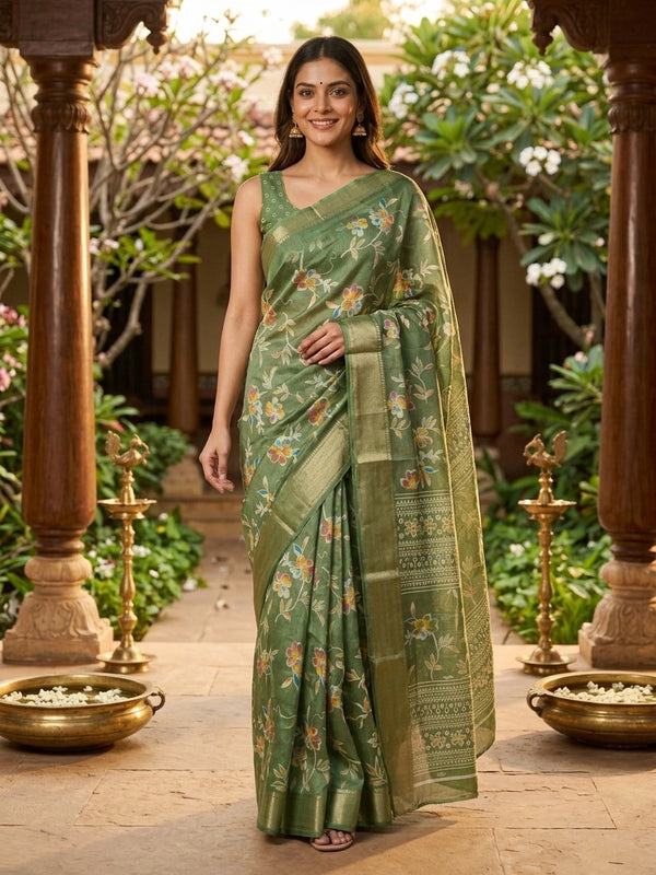 Green floral printed designer saree with gold zari border and decorative pallu