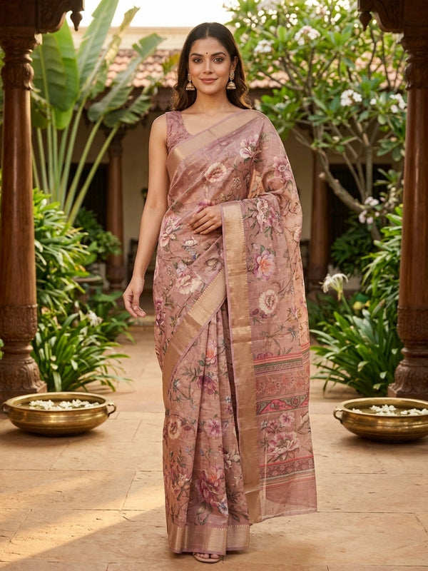 Dusty rose designer saree with multicolour floral print, gold zari checks and woven gold border
