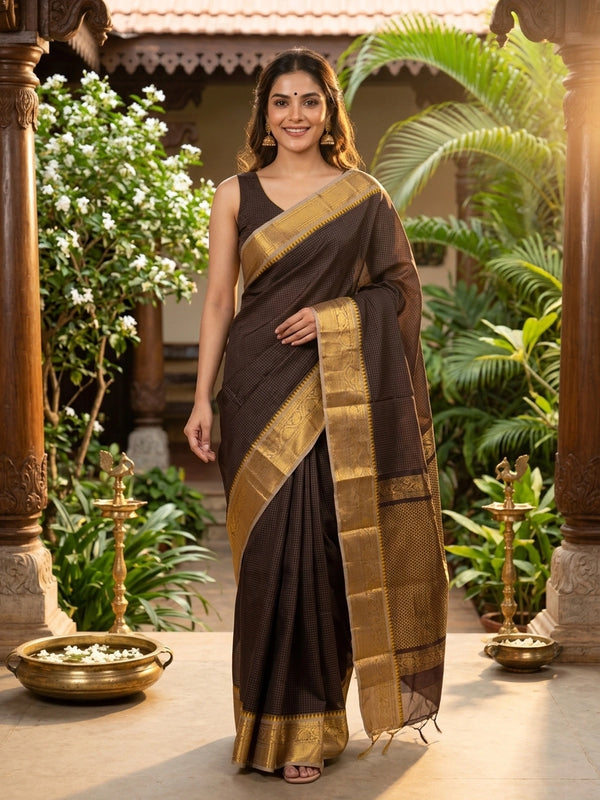 Dark brown Chettinad cotton saree with fine checks and contrast gold zari temple border