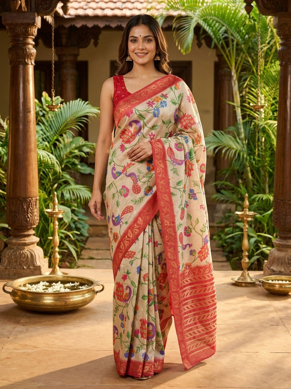 Cream linen cotton saree with multicolour peacock floral weave and red zari border